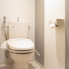 清潔感を感じるトイレ！トイレのクロスまでもがおしゃれなアクセントクロス！